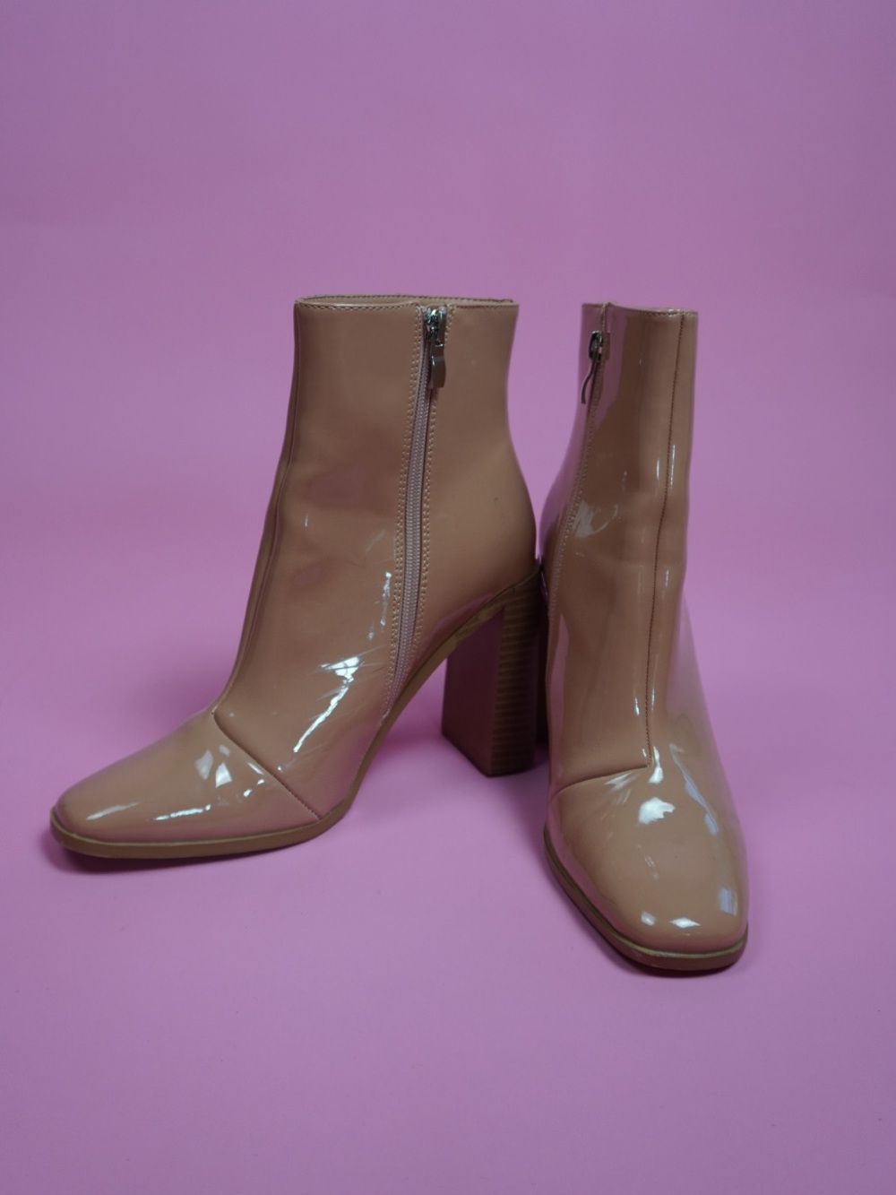 Nude Patent Block Heel Ankle Boots
